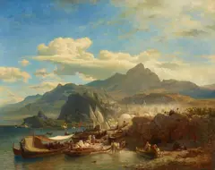 Busy Harbour on the Levant Coast by Andreas Achenbach, Oil on canvas (relined), sold Oct 2024