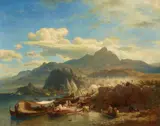 Andreas Achenbach, Busy Harbour on the Levant Coast, Oil on canvas (relined)