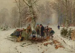 After the Battue by Hugo Mühlig, Oil on canvas (relined), sold Oct 2024