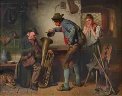 Woodcutter pouring Beer into a Bombardon by Hugo Kauffmann, Oil on panel, sold Oct 2024