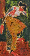 B. Prabha, Sorrow, Oil on board. Framed and glazed. On the back two paper labels with details on life and work of the artist