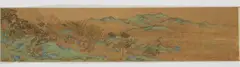 Qiu Ying, Figures in landscape in blue-green style. 19th century, Horizontal scroll. Ink and colours on silk. Inscribed Qiu Ying Shifu jinzhi and sealed Shizhou. Restored. The officials and the scholars sitting and talking in the garden of an idyllic estate in spring. Restored