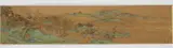 Qiu Ying, Figures in landscape in blue-green style. 19th century, Horizontal scroll. Ink and colours on silk. Inscribed Qiu Ying Shifu jinzhi and sealed Shizhou. Restored. The officials and the scholars sitting and talking in the garden of an idyllic estate in spring. Restored