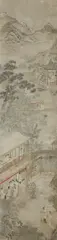 Qiu Ying, Ladies in an idyllic mountainous landscape. 18th century, Hanging scroll. Ink and colours on paper. Sealed Shizhou. The ladies going about their daily activities in a garden that is nestled in a mountainous landscape. Restored