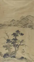 Jiang Song, Pilgrim by lake. Early Qing dynasty, Ink and light colours on silk. Inscribed San Song. Sealed San Song yin. Two collector's seals: Taigu Sunshi jia cang and Weiyangdao Sun Fuchang zhencang yin. Sun Fuchang was a collector and seal enthusiast who lived in the 18th and 19th centuries. Framed and glazed