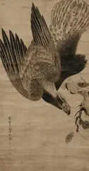 Shukei Sesson, A descending eagle and an oak branch, A hanging scroll. Ink on paper. Inscribed Kakusen(?) Roo zu kore and four seals. Wooden box, inscribed Taka Sesson