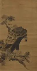 Unkoku Tōeki, An eagle on a pine trunk, A hanging scroll. Ink on silk. Inscribed unkoku Toeki and sealed Toeki