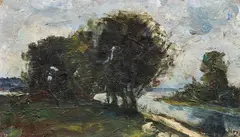Lesser Ury, Bäume am Fluss, 1915/1920, Oil on canvas, laid down on card
