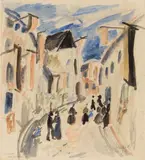 Erich Heckel, Straße mit Fahnen. Rückseitig Porträt Nora Nauen, 1914, Watercolour over pencil and pencil drawing on thin laid paper