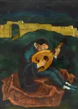 Julius Heinrich Bissier, Mann, die Laute spielend, 1920, Oil on canvas, mounted on wood