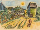 Max Pechstein, Feldrand mit Blumen und Tier, 1949, Colour crayon and brush and India ink over black chalk preliminary drawing on watercolour laid paper