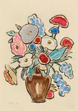 Gabriele Münter, Bunter Blumenstrauß in brauner Tonvase, 1957, Gouache, white bodycolour and brush and India ink over pecil on wove paper