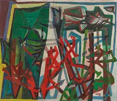Vogelhecke (Vogel im Dornbusch) by Georg Meistermann, 1946, Oil on canvas, mounted on card, sold Jun 2024