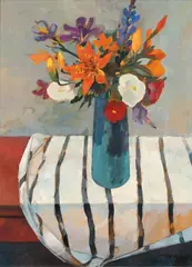 Hansjörg Wagner, Blumenstillleben mit gestreifter Decke, 1960, Tempera on fibreboard