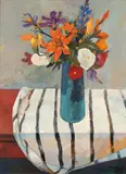 Hansjörg Wagner, Blumenstillleben mit gestreifter Decke, 1960, Tempera on fibreboard