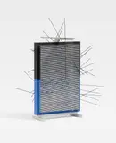 Jesús Rafael Soto, Biface, 1973, Metal rods, partially painted, on nylon threads in front of silkscreen on aluminium on wood. Approx