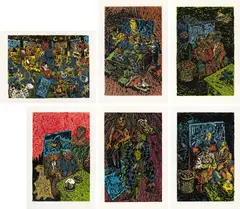 Jörg Immendorff, Langer Marsch auf Adler, 1991/1992, 6 colour linocuts on card