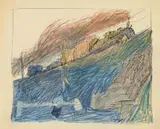 Lyonel Feininger, Steam Train (Vorbeifahrender Güterzug auf Bahndamm), 1908, Coloured chalks and pen and ink over pencil drawing on sketchbook paper with perforated side margin