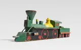 Lyonel Feininger, Lokomotive mit Tender (American eight-wheeler with funnel shaped smokestack, straight fire box lamp). In addition: the construction drawing, locomotive and tender in profile, Circa 1913/14, Two-part wood sculpture, painted in colour by the artist