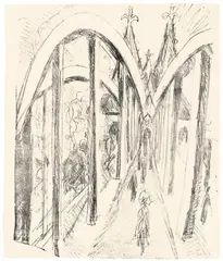 Ernst Ludwig Kirchner, Rheinbrücke in Köln (Hohenzollernbrücke). Verso: Drawing Zwei Mädchen im Tub, 1914, Lithograph on wove paper. Verso: Pencil drawing. 40.9/
