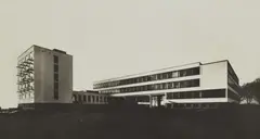 Lucia Moholy, Bauhausneubau, Dessau (Bauhaus from the North-East), 1926, Vintage gelatin silver print (photo postcard, unposted)