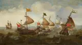 Sea Battle by circle of Cornelis Claesz van Wieringen, Oil on panel (parquetted), offered May 2024
