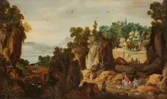 Philippe de Momper, Rocky landscape with a view of a village, Oil on panel (parquetted)