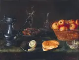 Dutch School 17th century, Still Life with Jug, two Venetian Winged Glasses, Plate with Bread and Lemon and a Basket with Apples, Oil on panel