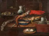 attributed to Hendrick Andriessen, Still life with fish, seafood, clay jugs and a bowl of white turnips, Oil on canvas