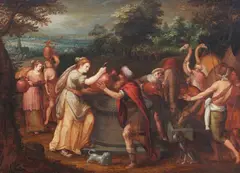 Flemish School 17th century, Rebecca and Eliezer at the Well, Oil on panel (parquetted)