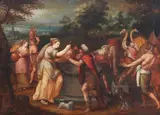Flemish School 17th century, Rebecca and Eliezer at the Well, Oil on panel (parquetted)