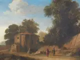 Southern landscape with small Roman round temple by in Italien tätiger Künstler Niederländischer, Oil on copper, sold May 2024
