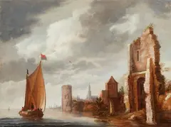 Wouter Knijff, Sailing Ship by a ruined Tower with a Harbour City in the Distance (Antwerp?), Oil on panel (parquetted)