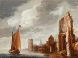 Wouter Knijff, Sailing Ship by a ruined Tower with a Harbour City in the Distance (Antwerp?), Oil on panel (parquetted)