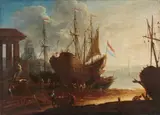 circle of Adrian van der Cabel, Southern Harbour with Ship Builders, Oil on canvas (relined)