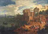 Adriaen Frans Boudewijns, Southern Harbour Scene with Figures, Oil on canvas (relined)
