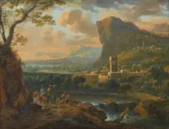Johann Graf, Southern landscape with waterfall and village, horsemen and a beggar, Oil on panel