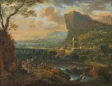 Johann Graf, Southern landscape with waterfall and village, horsemen and a beggar, Oil on panel