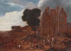 Mathys Schoevaerdts, Village Landscape with Busy Fish Market, Oil on canvas (relined)