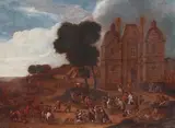 Mathys Schoevaerdts, Village Landscape with Busy Fish Market, Oil on canvas (relined)