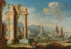 Pair of Architectural Capricci with Ruins by a Harbour by Gennaro Greco, Oil on copper, mounted on wood, sold May 2024