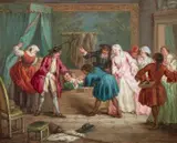 attributed to Etienne Jeaurat, Pair of genre paintings: The Discovered Lover; The Involuntary Shot, Oil on panel