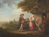 Charles-Alexandre-Joseph Caullet, Scissors and Knife Seller in front of a Cottage, Oil on panel