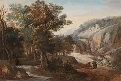 Gerrit van Battem, Landscape with Mountain Torrent and Bridge, Gouache over pen and brown ink, white chalk