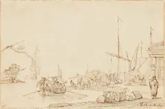 Abraham Storck, Harbour scene, Pen in brown, brush in grey