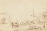 Abraham Storck, Harbour scene, Pen in brown, brush in grey