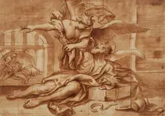 Domenico Piola, Liberation of Saint Peter, Pen and brush in brown, squared with red chalk