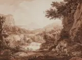 Albert Christoph Dies, Southern Landscape with Satyr and a Shepherdess, Pen and brush in brown on paper