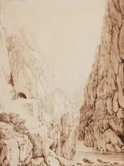 Jacob Philipp Hackert, The Furlo Gorge, Pen and brush in brown over pencil