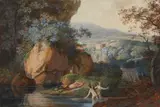 Jacob Wilhelm Mechau, Southern Landscape with Sleeping Faun and Two Bathers, Watercolour
